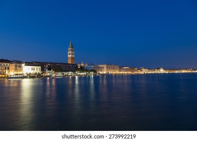 San Marco District Skyline in Venice at night. The  Campanile di San Marco Bell Tower can be seen.