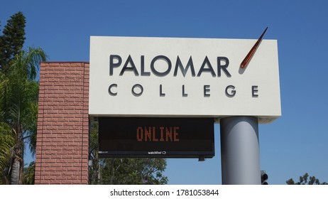 San Marcos, CA / USA - July 21, 2020: A Sign Informing That Classes At Palomar College Are Online Only, Due To Covid 19.                               