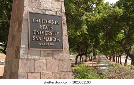 San Marcos, CA / USA - September 23, 2020: A Sign For The Campus Of California State University San Marcos On A Stone Pillar 