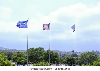 San Marcos, CA/USA - November 2020: CSUSM California State University San Marcos Flag With American Flag And California Flag