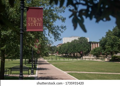 San Marcos, Texas - May 19 2020: Texas State University Banner And Campus