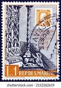 SAN MARINO - CIRCA 1959: a stamp printed in San Marino shows Messina Cathedral Portal and Stamp of Sicily 1859, circa 1959