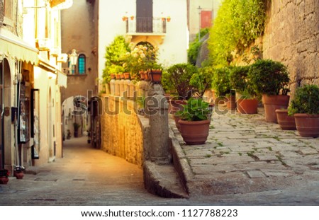 San Marino cityscape. Italy landmark. Cozy historic San Marino empty streets.
