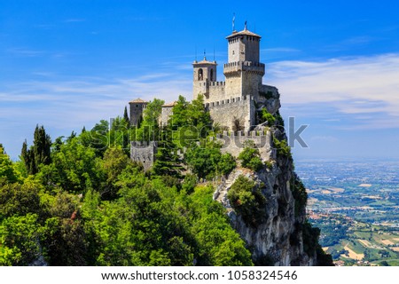 San Marino Fortress is the most famous tourist attraction of San Marino. Scenic view from Monte Titano mountain.
