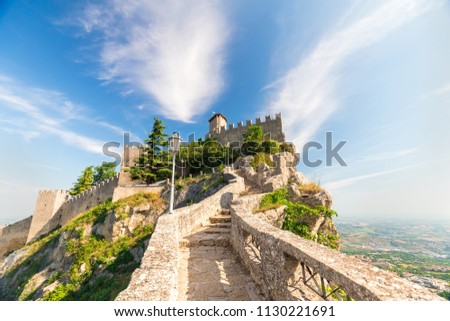 San Marino fortress on clear blue sky background. Historic center of Italy San Marino.