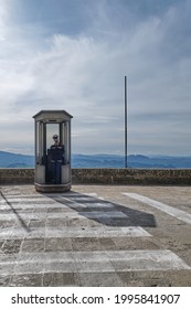 San Marino, Italy - 10-04-2019. Guard In A Sentry Box In At A Crosswalk.