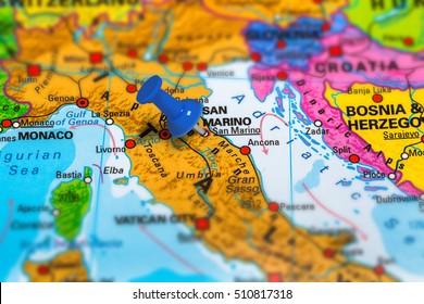 San Marino in Italy pinned on colorful political map of Europe. Geopolitical school atlas. Tilt shift effect.