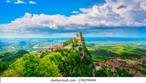 San Marino Republic, medieval Guaita first tower on a rocky cliff and panoramic view of Romagna