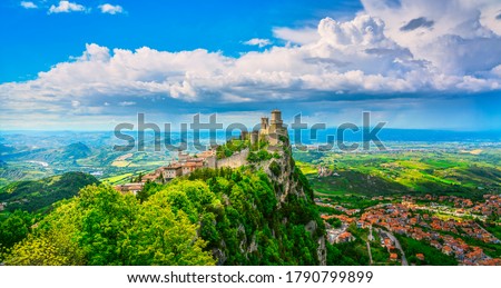 San Marino Republic, medieval Guaita first tower on a rocky cliff and panoramic view of Romagna