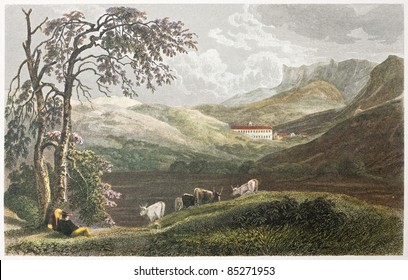 San Martino Convent, near Palermo, Sicily. Created by De Wint and Finden, printed by McQueen, publ. in London, 1821. Ed. on Sicilian Scenery, Rodwell and Martins, London, 1823