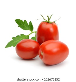 San Marzano, Plum Or Roma Tomatoes With Leaves Isolated On White Background 