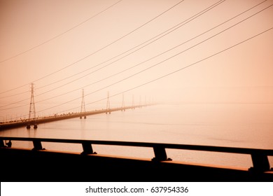 San Mateo Bridge In California At Morning Fog