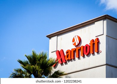 SAN MATEO, CALIFORNIA / USA - October 10, 2018: Sign Marriott on the hotel. Marriott International, Inc. is an American diversified hospitality company that manages and franchises hotels.