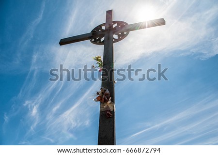 San Miguel Cross at the Montserrat Monastery located on the mountain of Montserrat nearby from Barcelona. Catalonia. Spain