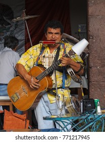 San Miguel De Allende, Guanajuato / Mexico - September 14 2015: One Man Band Performing Outside Of Street Cafe In San Miguel De Allende, Mexico