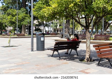 San Miguel de Tucuman, Tucuman, Argentina. 02-13-2022: woman sitting on the park bench reading the newspaper. View with a church in the background.