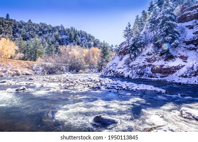 San Miguel River In Colorado In Winter With Snow