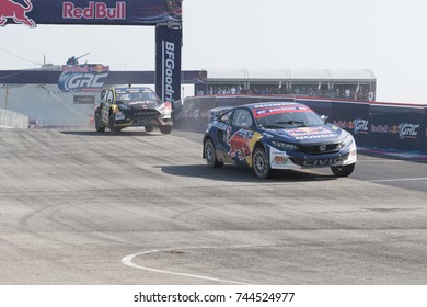 San Pedro, CA - October 14, 2017: Ralleycross Drivers Competing During The Red Bull GRC Global Rallycross Championship.