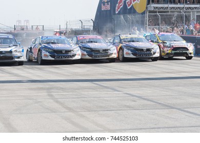 San Pedro, CA - October 14, 2017: Ralleycross Drivers Competing During The Red Bull GRC Global Rallycross Championship.