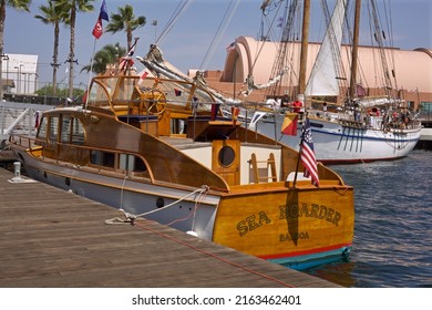 San Pedro, California - 
September 1, 2019:
Vintage Motor Boat And Sailing Tall Ship Docked In Port Of Los Angeles