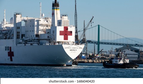 SAN PEDRO, CALIFORNIA USA: March 27, 2020. U.S Navy Hospital Ship USNS Mercy Arriving At The Port Of Los Angeles With 1000 Hospital Beds For Non Coronavirus COVID-19 Patients During The Pandemic 