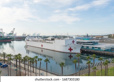 San Pedro, California USA - March 28, 2020: US Navy Hospital Ship Mercy Moored At The Port Of Los Angeles Harbor To Provide Medical Assistance During Covid-19 Coronavirus Pandemic.