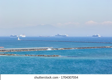 San Pedro, CA/USA - April 14, 2020: Cruise Ships Wait With No Where To Go During Coronavirus Shut Down