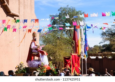 San Pedro De Atacama, Chile - Junio 29, 2018: Carnival And Traditional Parade, Saint Patron Saint Peter Party In San Pedro De Atacama, Chile. The Locals Celebrate With Folk Dancing, Mass, A Procession