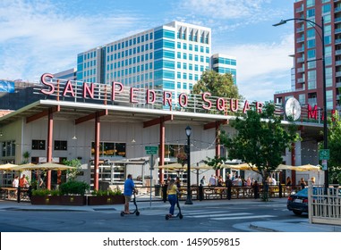 San Pedro Square Market - dining and entertainment destination for locals and tourists in downtown. People ride electric scooters - San Jose, California, USA - July 21, 2019