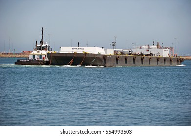 SAN PEDRO/CALIFORNIA  - JUNE 22, 2016: Double Hulled Tanker Barge, DALE FRANK JR With A Carrying Capacity Of 52,000 Barrels, Traverses The Channel At Port Of Los Angeles, Los Angeles, California USA