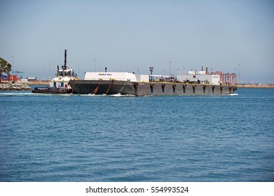 SAN PEDRO/CALIFORNIA  - JUNE 22, 2016: Double Hulled Tanker Barge, DALE FRANK JR With A Carrying Capacity Of 52,000 Barrels, Traverses The Channel At Port Of Los Angeles, Los Angeles, California USA