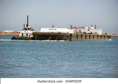 SAN PEDRO/CALIFORNIA  - JUNE 22, 2016: Double Hulled Tanker Barge, DALE FRANK JR With A Carrying Capacity Of 52,000 Barrels, Traverses The Channel At Port Of Los Angeles, Los Angeles, California USA