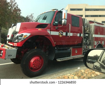 San Rafael, California/USA - November 10, 2018: Cal Fire Trucks Head Out To Help Combat The Wildfire In Paradise, CA