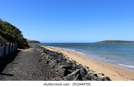 San Remo Victoria Australia. 
February 9 2021.   Coastal Walk Where Shoreline Is Protected By Large Rocks To Prevent Coastal Erosion