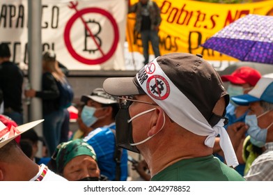 San Salvador, El Salvador - September 15th, 2021: Protesters Walk In The Streets Of The City Against The Bitcoin Politics Of Current President Nayib Bukele.