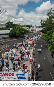 San Salvador, El Salvador - September 15th, 2021: Protesters Walk In The Streets Of The City Against The Politics Of Current President Nayib Bukele.