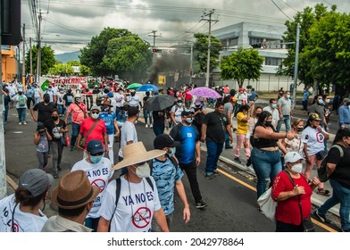 San Salvador, El Salvador - September 15th, 2021: Protesters Walk In The Streets Of The City Against The Politics Of Current President Nayib Bukele.