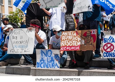 San Salvador, El Salvador - September 15th, 2021: Protesters Walk In The Streets Of The City Against The Politics Of Current President Nayib Bukele.