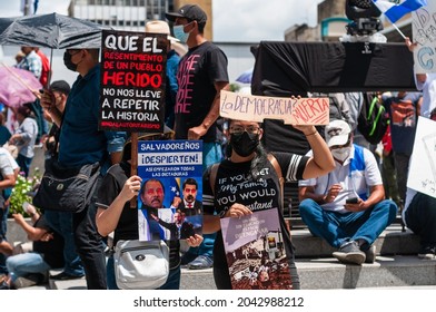 San Salvador, El Salvador - September 15th, 2021: Protesters Rally In The Streets Of The City Against The Politics Of Current President Nayib Bukele.