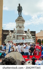 San Salvador, El Salvador - September 15th, 2021: A Crowd Of Protesters Rally In The Morazan Park Against The Politics Of Current President Nayib Bukele.