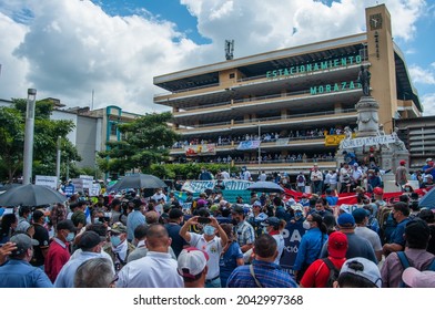 San Salvador, El Salvador - September 15th, 2021: A Crowd Of Protesters Rally In The Morazan Park Against The Politics Of Current President Nayib Bukele.