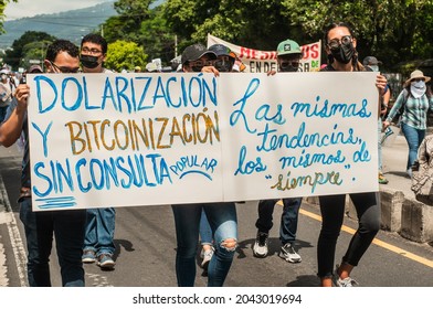 San Salvador, El Salvador - September 15th, 2021: Protesters Walk In The Streets Of The City Against The Bitcoin Policies Of Current President Nayib Bukele.