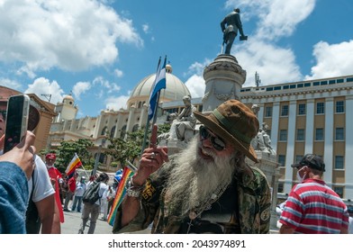 San Salvador, El Salvador - September 15th, 2021: A Civil War Veteran Protester Rallies In The Morazan Park Against The Politics Of Current President Nayib Bukele.