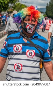 San Salvador, El Salvador - September 15th, 2021: Protesters Walk In The Streets Of The City Against The Bitcoin Politics Of Current President Nayib Bukele.