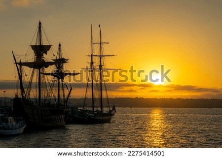 San Salvador historic sailing ship in San Diego maritime museum at sunset, California