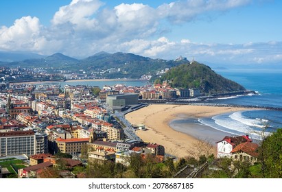 San Sebastian - Donostia city, Basque country, Spain, view of the Zurriola sand beach, Urgull mount, La Concha bay, the Pyrenees mountains and Atlantic ocean coast