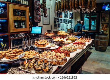 San Sebastian, Spain - January 28, 2019: Tapas in Casa Alcalde bar in San Sebastian city also called Donostia in Basque Country