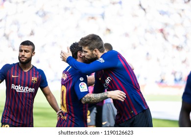 SAN SEBASTIAN, SPAIN - SEPTEMBER 15, 2018: Gerad Pique And Leo Messi, Barcelona Player In Action During A Spanish League Match Between Real Sociedad And Barcelona