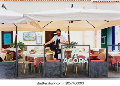 San Vito Lo Capo, Italy - September 16, 2017: Chef In Sidewalk Cafe In San Vito Lo Capo, Sicily, Italy