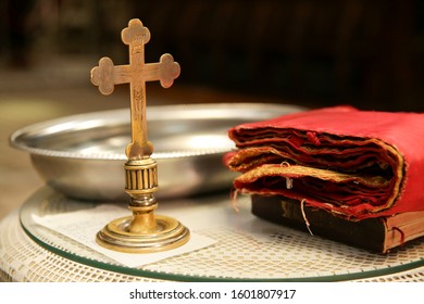 The Sanctification Cross For The Baptism Ceremony At The Orthodox Church. 